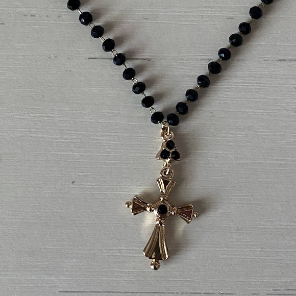 NWOT gold cross necklace with black beading - Picture 2 of 5